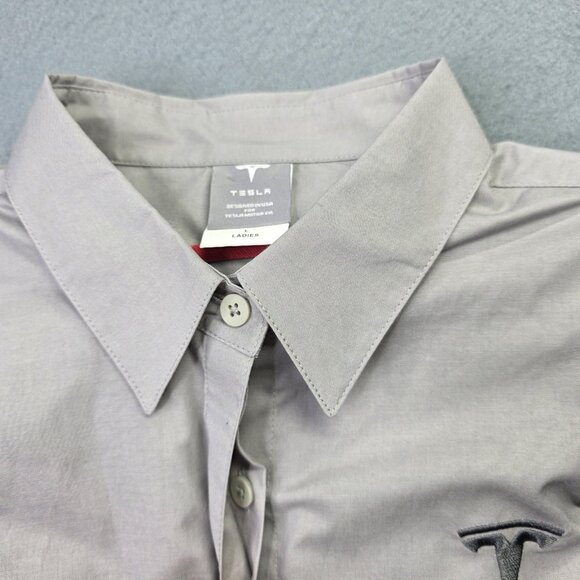 Tesla Shirt Womens L Gray Button Down 3/4 Sleeve Embroidered Logo Stretch Moto - Picture 6 of 13